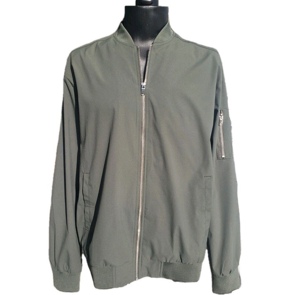 Outdoor Jacket Men's Warm Sport Olive Green Size L Full Zip Pockets Lightweight